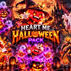 Può includere: Una grafica digitale intitolata HEART ME HALLOWEEN PACK che presenta diversi personaggi a forma di cuore rosso con zanne da vampiro e corone d'oro. La scena include zucche, fantasmi, un ragno e un calderone con fumo viola su un cimitero.