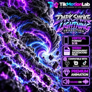 May include: A digital graphic featuring a swirling vortex of dark smoke and bright purple and blue lightning bolts with floating rocks. Text includes TikMotionLab, Dark Smoke Lightning Transition, Vertical Format 9:16, WEBM, and Sound On.