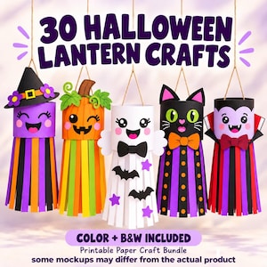 Pacchetto di modelli stampabili per realizzare lanterne di carta per Halloween, 30 personaggi, attività per la classe dei bambini, modelli da colorare.