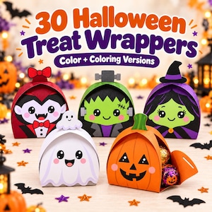 Op de afbeelding: Een set van 30 Halloween traktatieverpakkingen met vijf karakterontwerpen: een vampier, Frankensteins monster, een heks, een spook en een pompoen. De tekst luidt 30 Halloween Treat Wrappers Color + Coloring Versions.