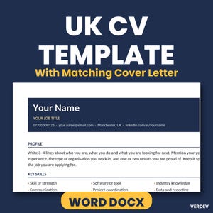 以下が含まれることがあります： Word形式の英国向け履歴書テンプレートとカバーレターのセット。文書には濃い青色のヘッダーがあり、名前、役職、電話番号、メールアドレス、LinkedInプロフィールのURLを入力するためのプレースホルダーが配置されています。