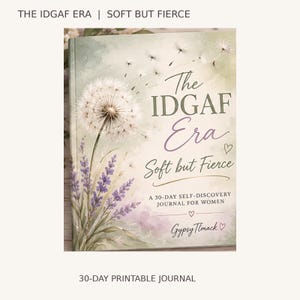 May include: A journal titled The IDGAF Era: Soft but Fierce, A 30-Day Self-Discovery Journal for Women by Gypsy Tlmack. The cover features a watercolour illustration of a dandelion with seeds blowing away and purple lavender flowers.