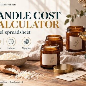 May include: A digital Candle Cost Calculator Excel spreadsheet with text labels for Materials, Labour, and Margins. The image features amber glass candle jars, white wax beads in a bowl, a brass scale, and labels on a wooden surface.