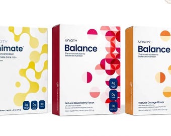 May include: Three rectangular boxes of Unicity dietary supplements. The first is yellow with Unimate lemon flavor text. The second is red with Balance mixed berry flavor text. The third is orange with Balance orange flavor text.