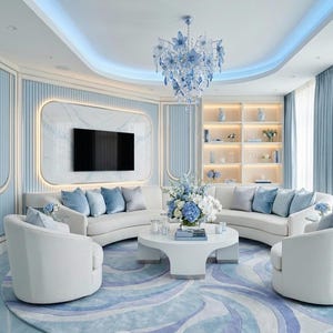 Op de afbeelding: Een woonkamer met een gebogen witte bank, twee witte fauteuils en een ronde witte salontafel. De ruimte bevat een blauw-wit patroonkleed, een bloemvormige kroonluchter en lichtblauwe wandpanelen met een centrale televisie.