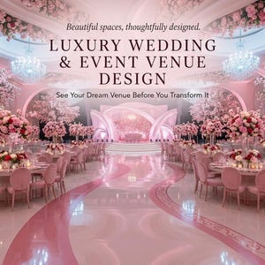 May include: A grand event hall featuring pink floral trees, crystal chandeliers, and round tables with pink chairs. Text reads: Beautiful spaces, thoughtfully designed. LUXURY WEDDING & EVENT VENUE DESIGN. See Your Dream Venue Before You Transform It.
