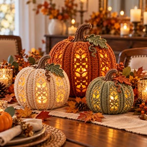 May include: Three crocheted pumpkins in cream, orange, and sage green, each featuring intricate lace-like cutouts and a brown stem. The pumpkins are illuminated from within, casting a warm glow, and are adorned with small crocheted leaves.