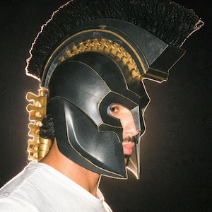 May include: A black Spartan-style helmet featuring gold-colored trim and a prominent black crest. The helmet includes a decorative gold-colored spinal column structure attached to the back and a face-covering design with eye openings.