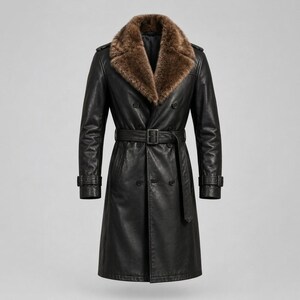 May include: A black leather trench coat featuring a wide, brown faux fur lapel collar, a double-breasted button front, and a matching waist belt with a buckle. The coat includes long sleeves with buckled cuff straps and shoulder epaulets.