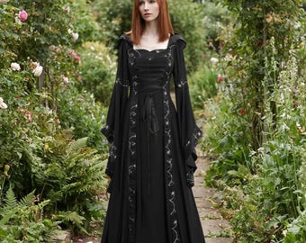 Middeleeuwse jurk met wijde mouwen en capuchon, vetersluiting: fantasievolle hofjurk (S-5XL)