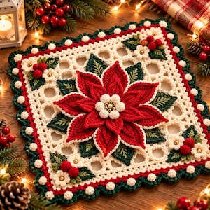 Poinsettia Crochet Pattern PDF, Christmas Square Mat, Lace Table Mat, Holiday Doily Decor, Intermediate Written Pattern