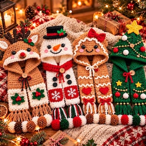 Könnte beinhalten: Vier gehäkelte Kapuzenschals mit festlichen Motiven: ein braunes Rentier, ein weißer Schneemann mit schwarzem Hut, ein beiges Lebkuchenmännchen mit roter Schleife und ein grüner Weihnachtsbaum mit gelbem Stern, alle mit Bommel-Fransen verziert.
