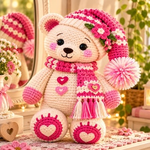 Crochet Teddy Bear Pattern PDF, Floral Hat and Scarf Amigurumi, Cute Plush Toy Tutorial, Instant Digital Download