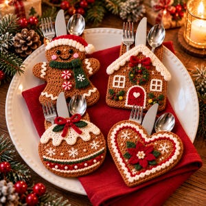 Crochet Gingerbread Cutlery Holder Pattern, Christmas Table Decor PDF, Silverware Pocket Set, Gingerbread Man House Heart Bauble