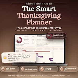 Könnte beinhalten: Ein digitaler Hosting-Planer auf einem Laptop-Bildschirm mit dem Titel The Smart Thanksgiving Planner. Die Benutzeroberfläche zeigt ein Fortschritts-Dashboard, Konflikte bei der Ofenplanung sowie Warnungen für Portionen und Diäten an.
