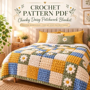 May include: A digital PDF crochet pattern for a chunky daisy patchwork blanket. The blanket features a grid of blue, yellow, and cream squares, some with white daisy motifs. Text reads: CROCHET PATTERN PDF, Chunky Daisy Patchwork Blanket.