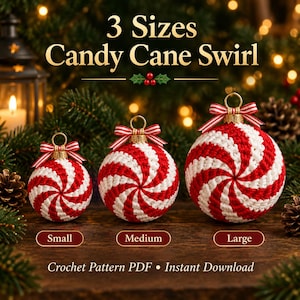 May include: Three round crochet ornaments with a red and white candy cane swirl pattern. Each ornament features a gold cap, a gold hanging ring, and a red and white striped ribbon bow. Text reads: 3 Sizes Candy Cane Swirl, Small, Medium, Large, Crochet Pattern PDF, Instant Download.