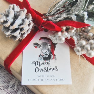 Set of 10 Personalized Christmas Gift Tags, Printed Holiday Party Favor Tags, Farm Animal Gift Favor Tags, Cow Lover Gifts, White Elephant