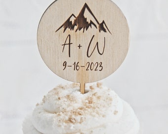 Personalized Wedding Cupcake Toppers, Mountain Theme, Adventure Awaits, Rustic Cupcake Picks for engagement party