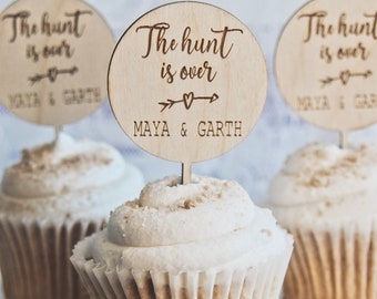 Rustic wedding cupcake toppers, Wood Cupcake Picks for Country Wedding, Hunting Wedding Food Picks, Western Wedding Decor, The hunt is over