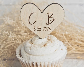 Engraved Wood Rustic Heart Wedding Cupcake Toppers l Food or Plant Picks l Wedding Decor l Anniversary l Love l Country l Mr Mrs l Set of 12