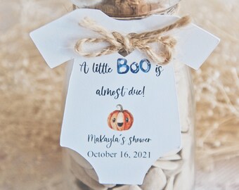 A Little Boo Is Almost Due Halloween Baby Shower Party Favor Gift Tags t-shirt Shaped, Gender Neutral Thank You Gift For Guests With Pumpkin