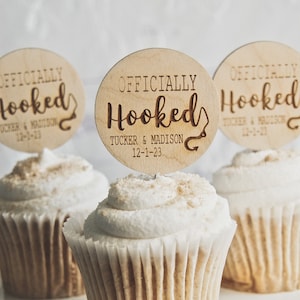 Rustic wedding cupcake toppers, Wood Cupcake Picks for Country Wedding, Fishing Wedding Food Picks, Western Wedding Decor, Officially Hooked