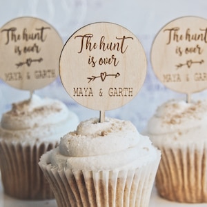 Rustic wedding cupcake toppers, Wood Cupcake Picks for Country Wedding, Hunting Wedding Food Picks, Western Wedding Decor, The hunt is over image 1