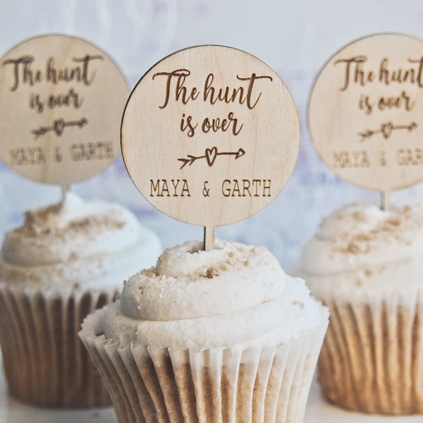 Rustic wedding cupcake toppers, Wood Cupcake Picks for Country Wedding, Hunting Wedding Food Picks, Western Wedding Decor, The hunt is over
