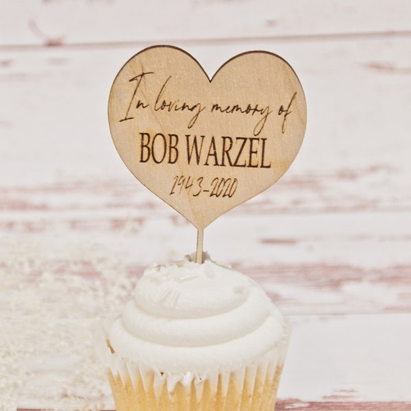 Funeral Cupcake Toppers, celebration of life wooden toppers, In loving Memory Heart Food Picks, Memorial Cake Topper, in our hearts  decor