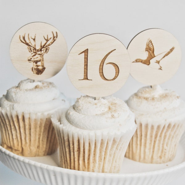Hunting Party Cupcake Toppers, Deer Party Picks, 16th Birthday Boy, Personalized Cupcake Toppers, Duck Hunting Cupcake Ideas, SET OF 12