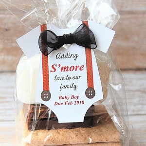 S'more love to our family Little Man Baby Shower t-shirt Party Favors with Suspenders Tags l Winter Wonderland l Coed Baby-Q Gender Reveal