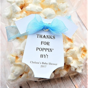 Thanks For Poppin&#39; By Popcorn Party Favor Thank You Tags l Coed Baby Gift Tags l Gender Reveal Baby Shower 2.5&quot;
