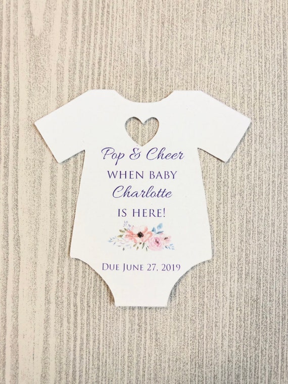 10 tags ~ Pop and Cheer when baby is here ~ Baby Shower ~ Sprinkle ~ Party Favor ~ Girl or Boy Gift Tags ~ Baby is coming ~ champagne Il_570xn