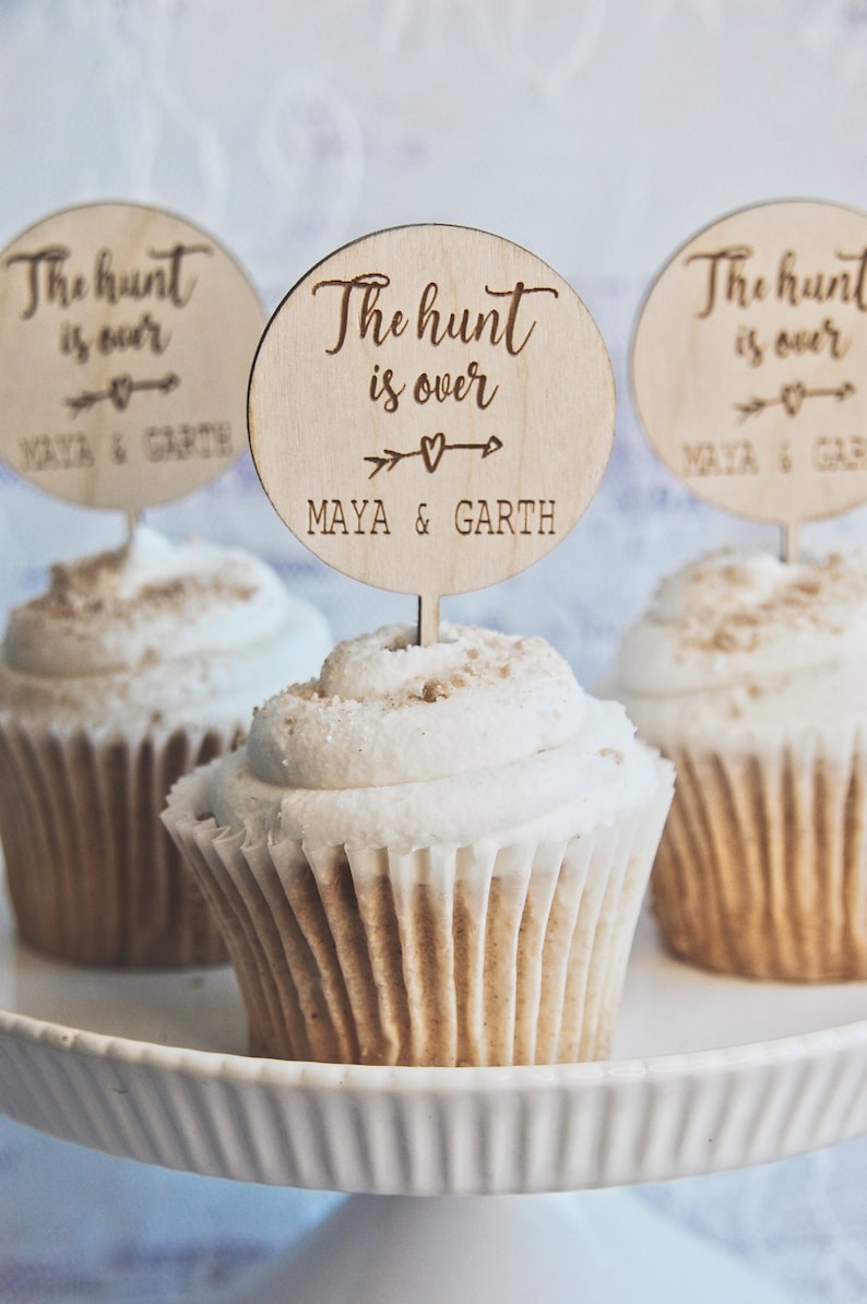 Rustic wedding cupcake toppers, Wood Cupcake Picks for Country Wedding, Hunting Wedding Food Picks, Western Wedding Decor, The hunt is over image 1