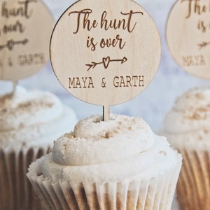 Rustic wedding cupcake toppers, Wood Cupcake Picks for Country Wedding, Hunting Wedding Food Picks, Western Wedding Decor, The hunt is over image 2