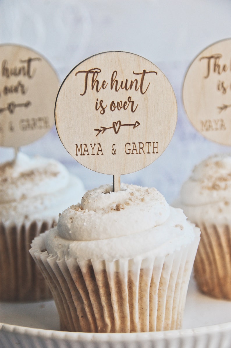 Rustic wedding cupcake toppers, Wood Cupcake Picks for Country Wedding, Hunting Wedding Food Picks, Western Wedding Decor, The hunt is over image 2
