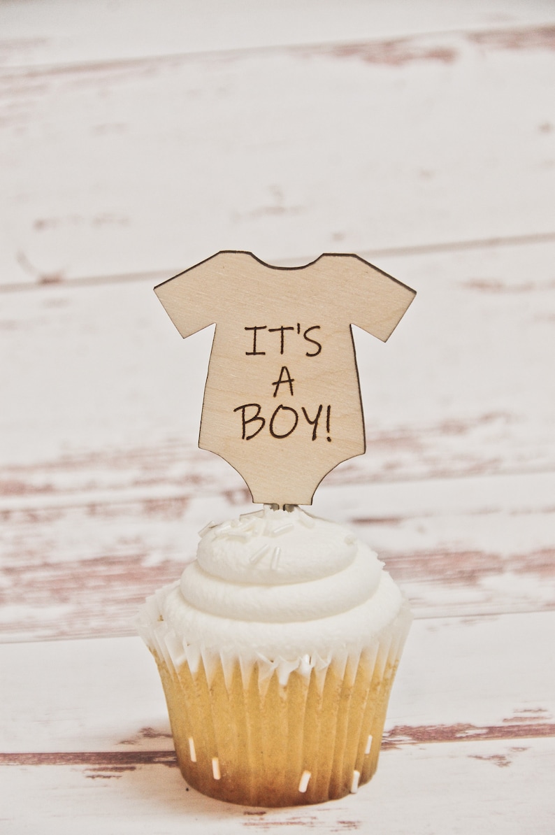 Set of 12 ~ It/'s a Boy Wood Cupcake Toppers ~ Baby Shower ~ Wood Pick ~ Rustic Baby Shower Decoration ~ Engraved ~ 3.5