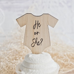 Gender Reveal Cupcake Toppers, Boy or Girl, He or She what will it be, gender neutral wood food pick, boho gender reveal, bohemian reveal