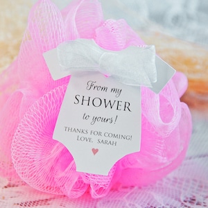 From my shower to yours Baby Shower Party Favor l Baby Sprinkle Gift Tags l Our shower l Coed l loofah l Pouf l 10 Tags (Tags Only)