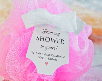 From my shower to yours Baby Shower Party Favor l Baby Sprinkle Gift Tags l Our shower l Coed l loofah l Pouf l 10 Tags (Tags Only)