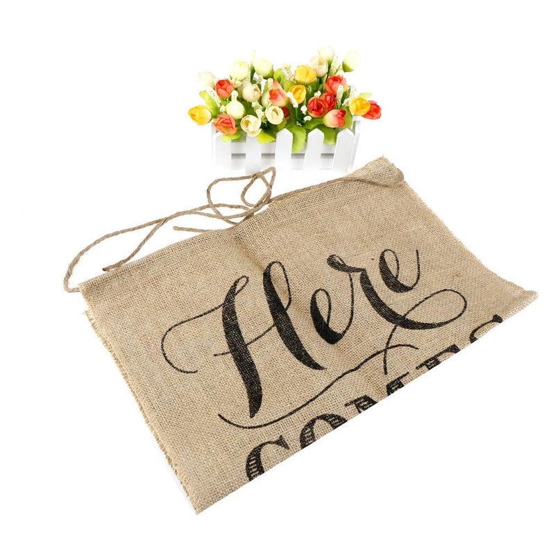Rustic Burlap Here Comes The Bride Wedding Sign Flower Girl Sign Bride Banner Flags