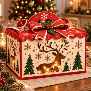 Könnte beinhalten: Eine rechteckige, cremefarbene Geschenkbox mit von innen beleuchteten Scherenschnitten von Rentieren und Tannenbäumen. Die Box hat einen roten, gewellten Deckel mit einer großen rot-goldenen Schleife, weißen Schneeflockenmustern und einem Griff.
