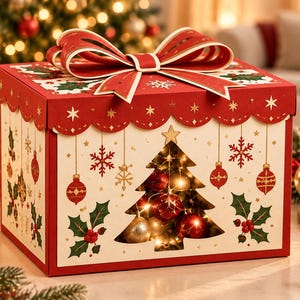 Peut inclure: Une boîte cadeau carrée rouge et crème avec un couvercle festonné, un grand nœud rouge et une fenêtre découpée en forme de sapin. Elle est ornée d'étoiles dorées, de boules rouges et de houx, avec des lumières chaudes à l'intérieur.