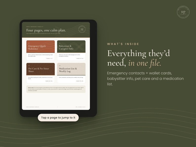 Puede incluir: Una visualizaci&oacute;n de documento digital con el texto Four pages, one calm plan. Incluye cuatro secciones: Emergency Quick Reference, Babysitter & Caregiver Info, Pet Care & Pet Sitter Sheet y Medication List & Weekly Log. Un bot&oacute;n debajo dice Tap a page to jump to it.