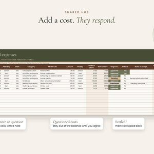 Shared expenses tab where one parent adds a cost and the other approves or questions it