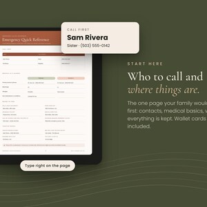 Puede incluir: Un formulario digital Emergency Quick Reference en la pantalla de una tableta con una tarjeta de contacto Call First para Sam Rivera. El documento incluye secciones para datos m&eacute;dicos b&aacute;sicos y ubicaciones, con el texto Who to call and where things are.
