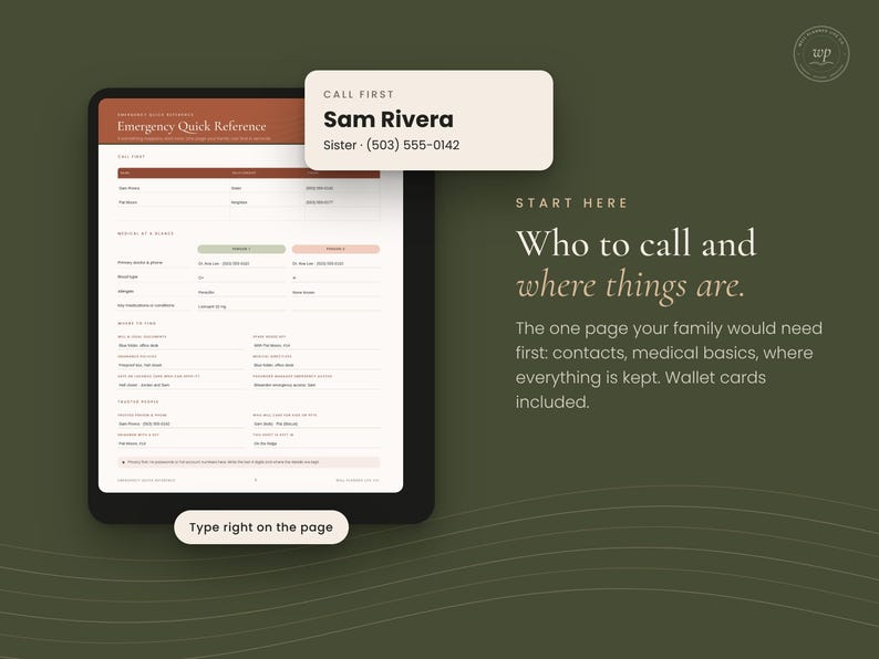 Puede incluir: Un formulario digital Emergency Quick Reference en la pantalla de una tableta con una tarjeta de contacto Call First para Sam Rivera. El documento incluye secciones para datos m&eacute;dicos b&aacute;sicos y ubicaciones, con el texto Who to call and where things are.
