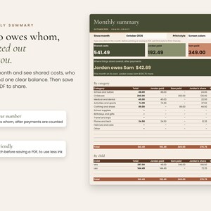 Monthly summary showing shared child costs and who owes whom