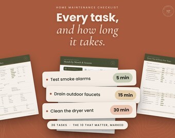 May include: A home maintenance checklist document set on a terracotta background. The text reads: Home Maintenance Checklist, Every task, and how long it takes. It lists tasks like Test smoke alarms, Drain outdoor faucets, and Clean the dryer vent with time estimates in minutes. It also notes 36 tasks and the 10 that matter, marked.